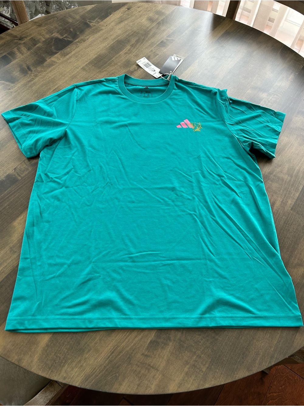 adidas Teal Short-Sleeve Performance Tee with Pink Logo